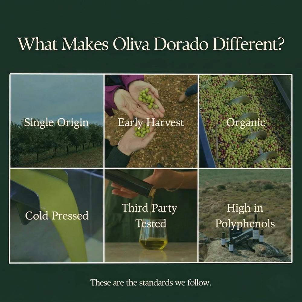 Oliva Dorado pouring oil from bottle showing silky pour and freshness benefit