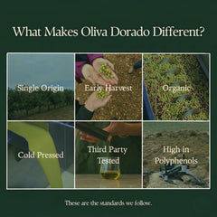 Oliva Dorado pouring oil from bottle showing silky pour and freshness benefit