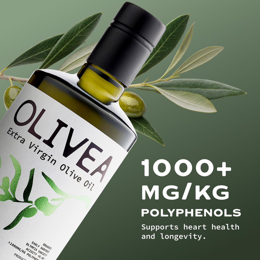 OLIVEA close-up pour showing smooth golden texture and antioxidant-rich finish