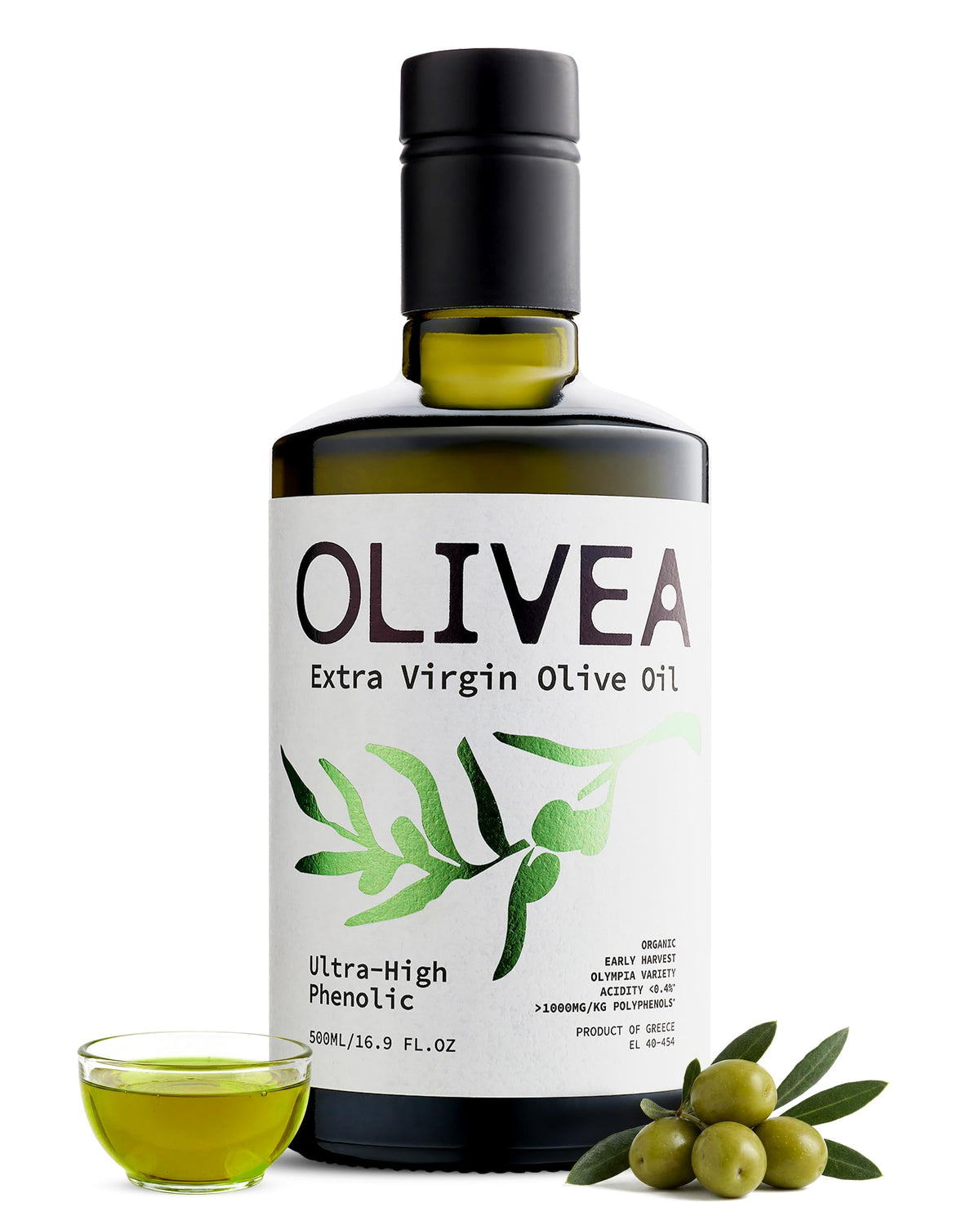 OLIVEA front label on 500ml bottle showing organic and polyphenol info for trust