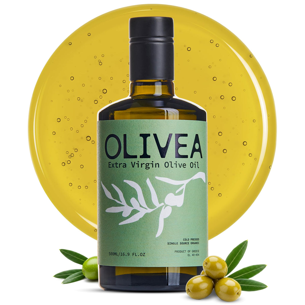 OLIVEA front packaging 500ml showing organic label and glass bottle benefit clarity