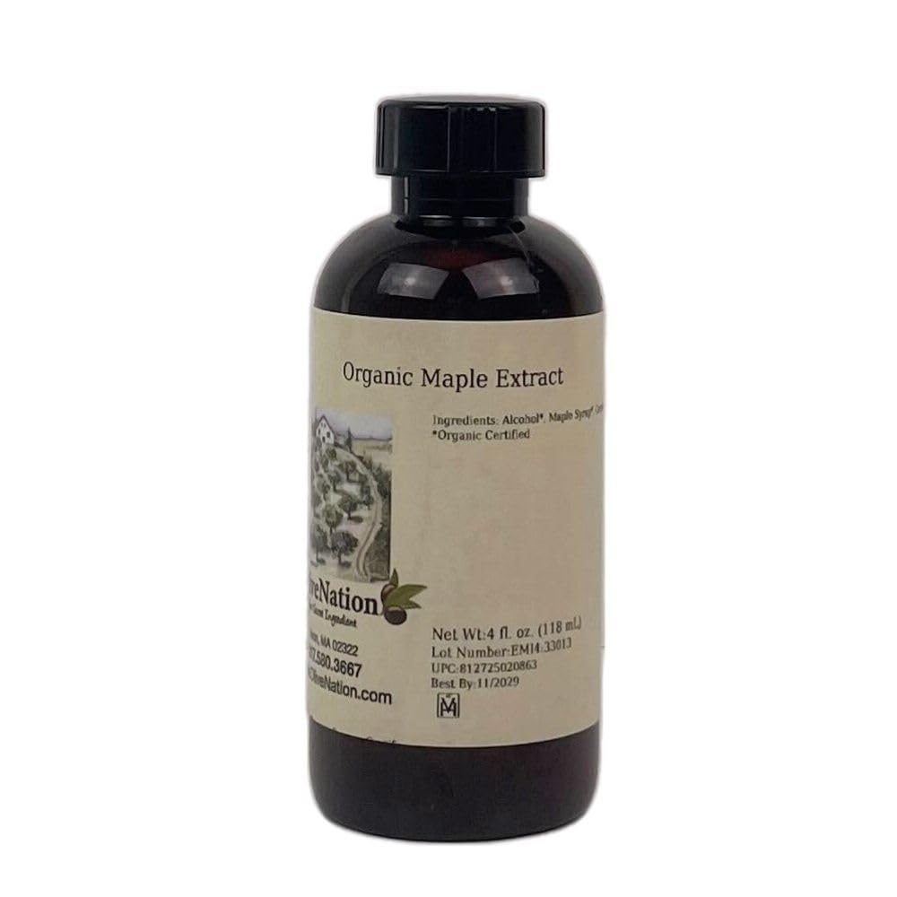 OLIVENATION bottle front label showing maple extract and organic seal for confident baking