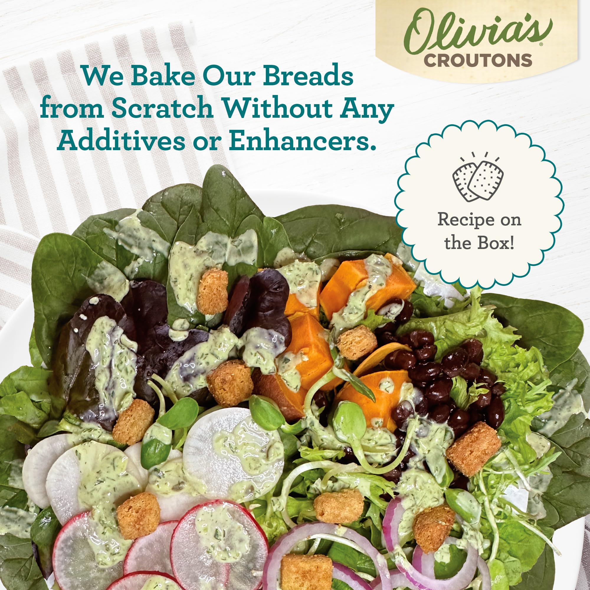 Olivia's bag open with croutons spilling for easy serving convenience