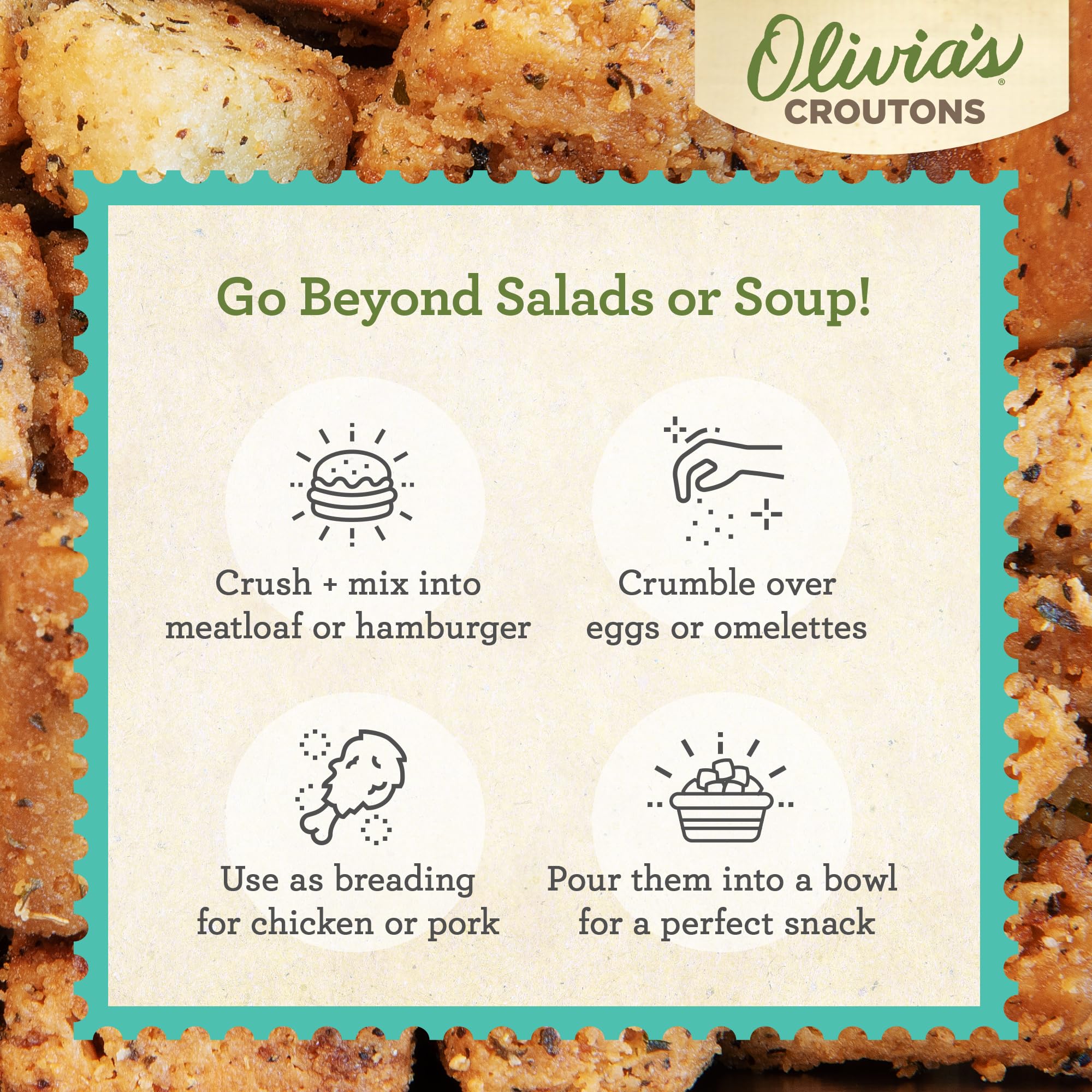 Olivia's croutons atop creamy soup adding long-lasting texture