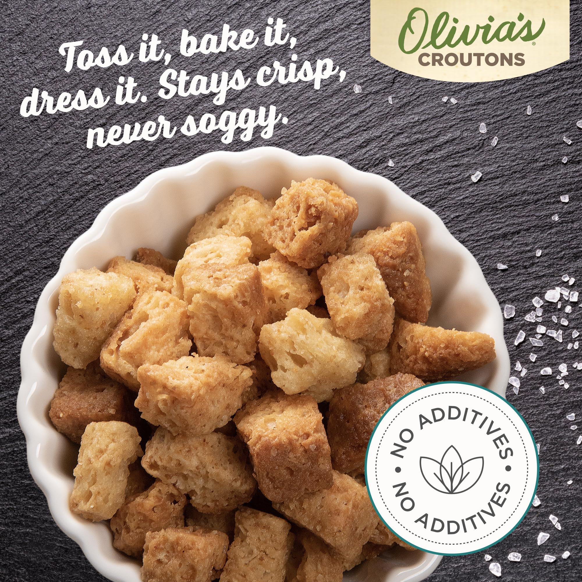Olivia's single crouton showing herb flecks and real garlic flavor