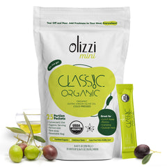 Olizzi front packaging showing 25 single‑serve organic packs, convenience for travel