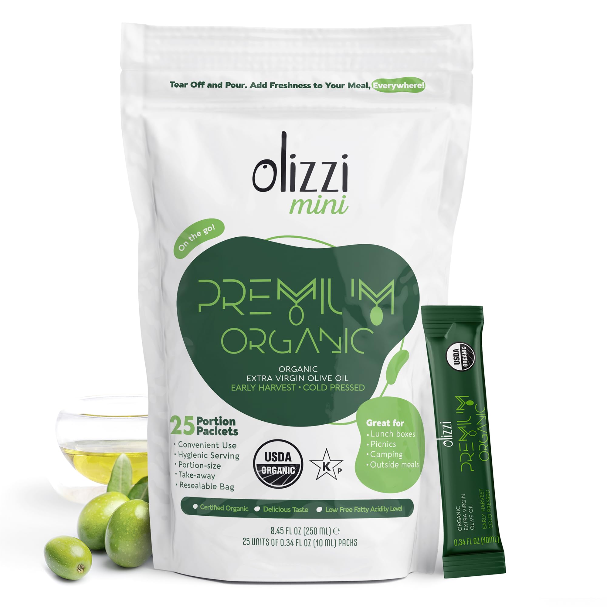 Olizzi front packet display showing 25 single-serve packs and tidy packaging for convenience