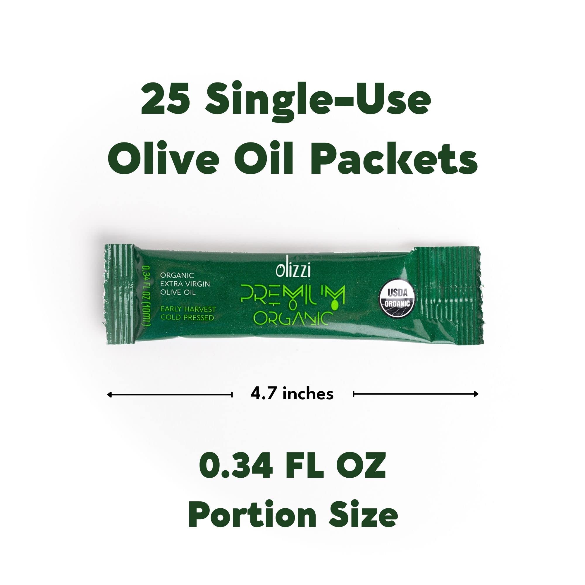 Olizzi open packet drizzle over salad demonstrating controlled portion and flavor boost