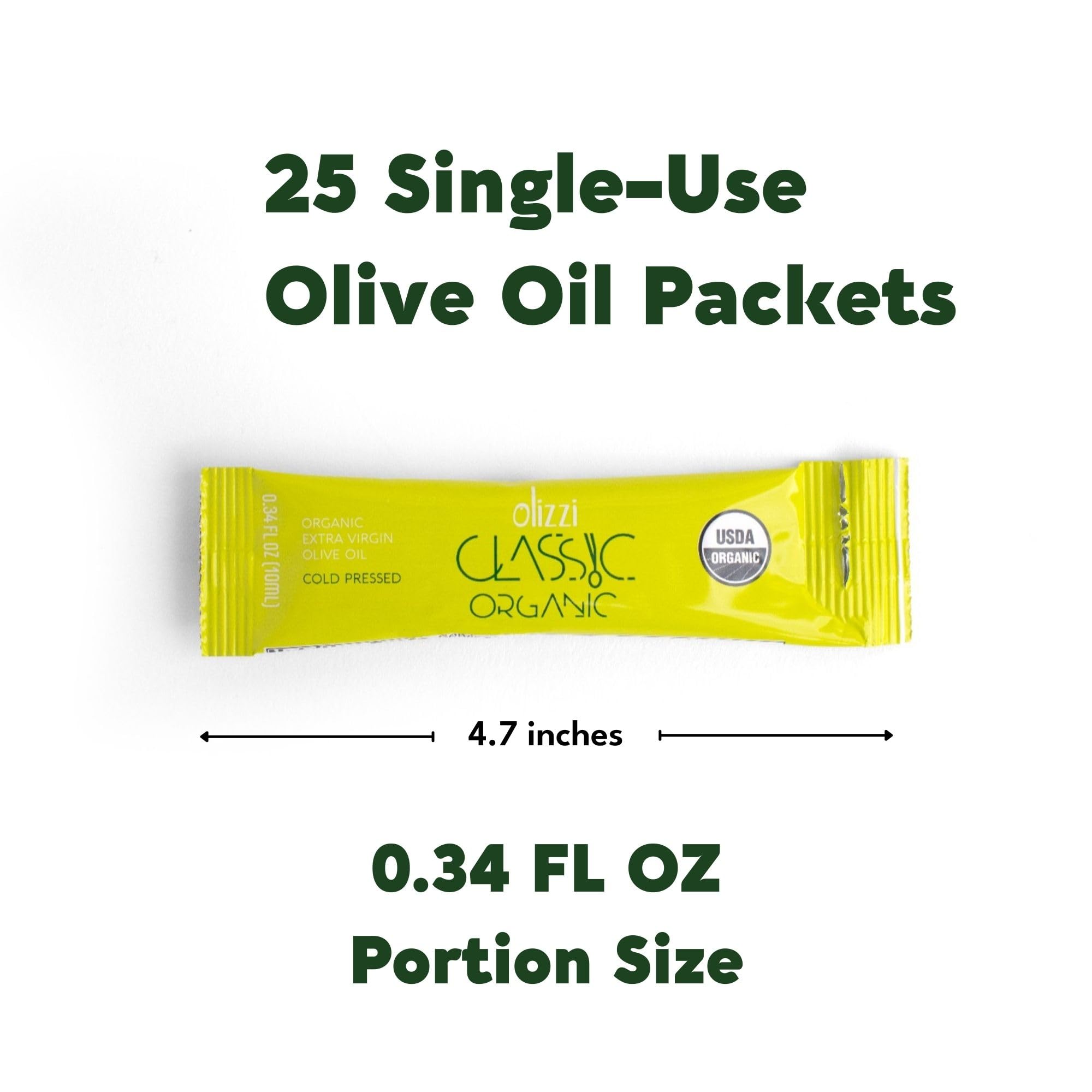 Olizzi single packet being poured over salad, brand enables mess‑free drizzling