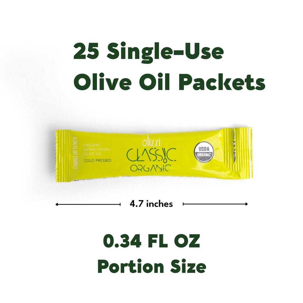 Olizzi single packet being poured over salad, brand enables mess‑free drizzling