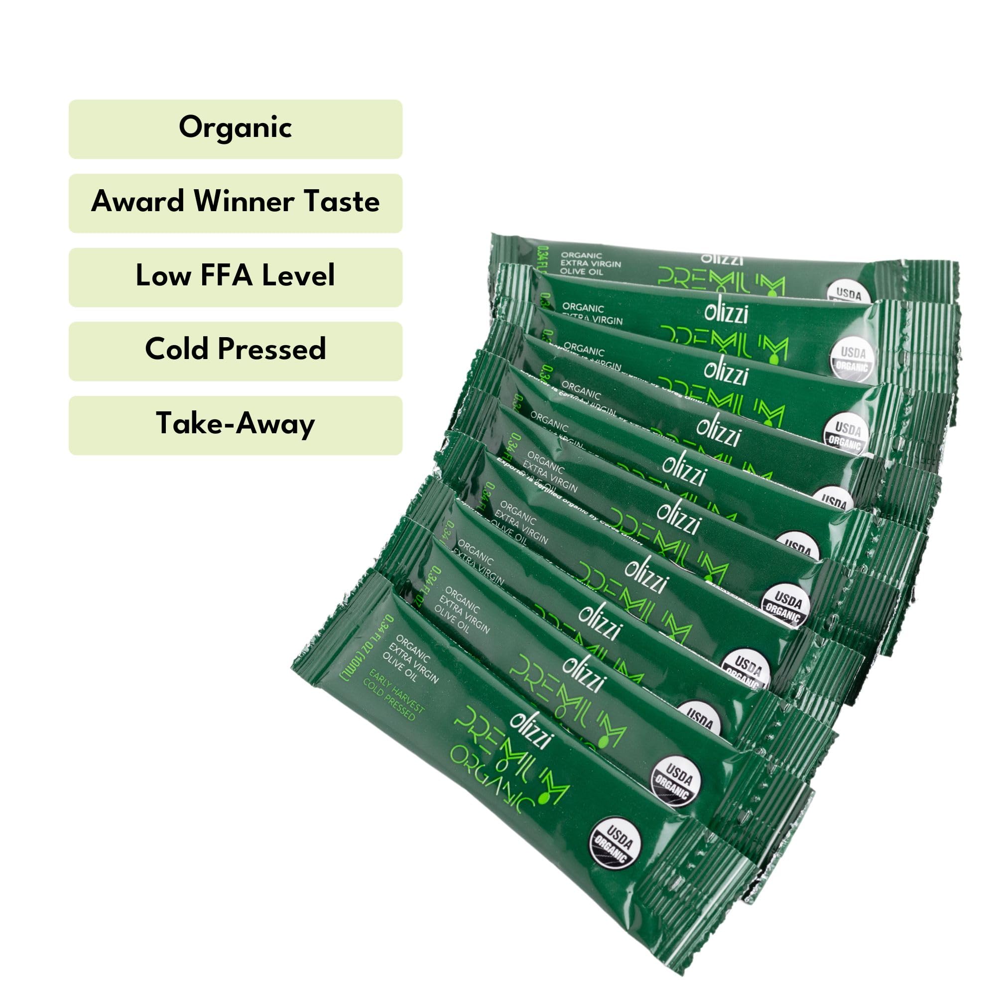 Olizzi packet size comparison next to coin to show compact travel-friendly portion