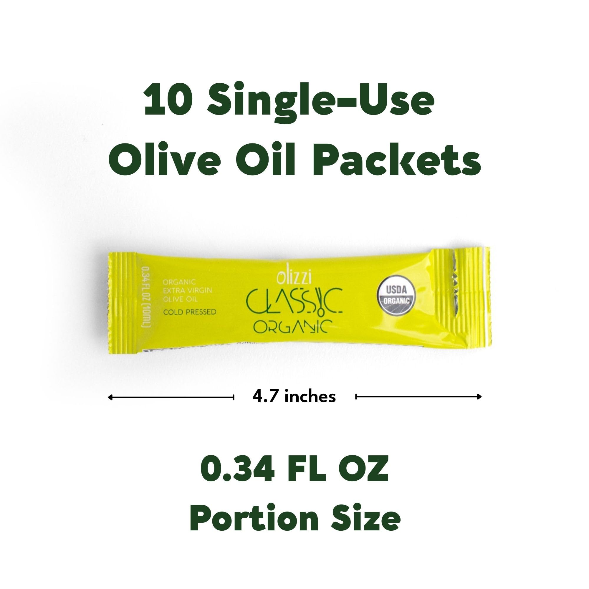 Olizzi sachet open, drizzling over salad to show measured portion use