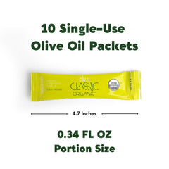 Olizzi sachet open, drizzling over salad to show measured portion use