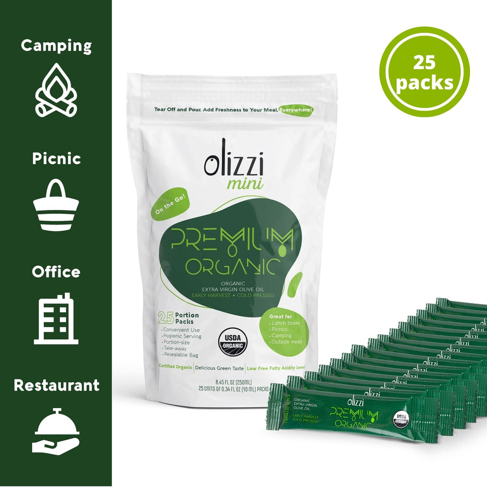 Olizzi single packet close-up highlighting cold-pressed oil and fresh green color
