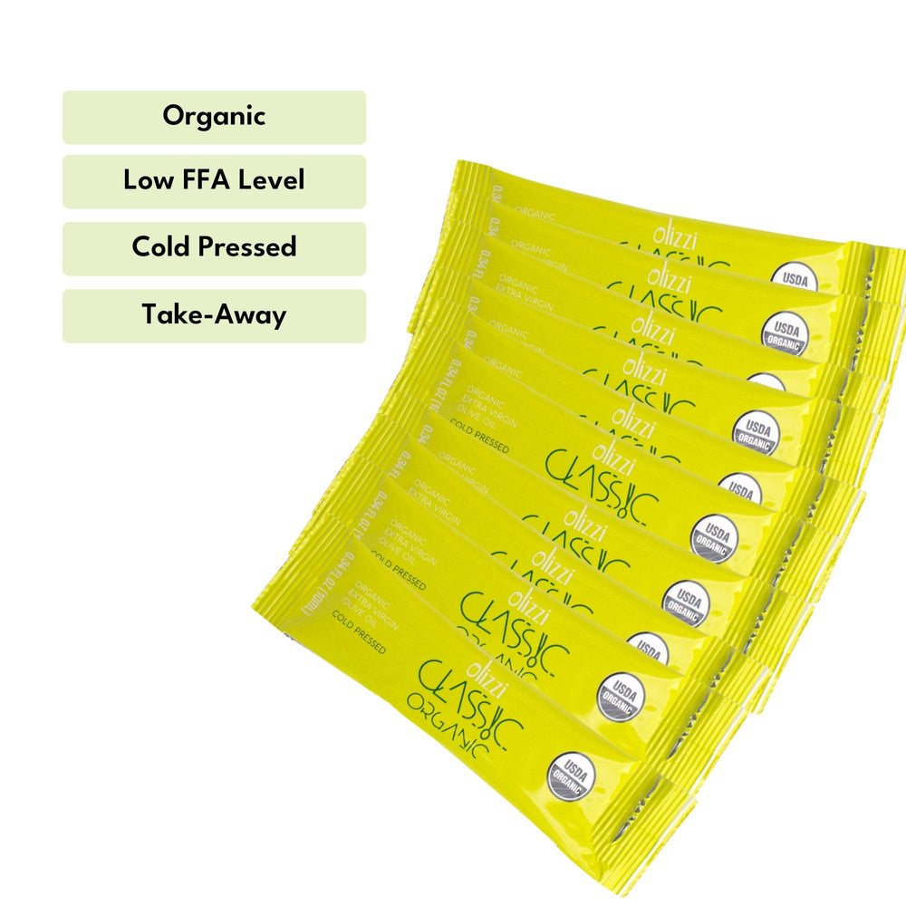 Olizzi sachet beside credit card to show compact travel-friendly size