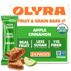 Olyra apple cinnamon front packaging showing organic certification and low sugar benefits