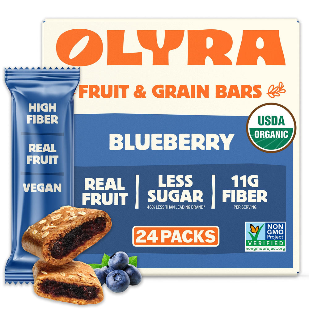 Olyra front packaging showing organic blueberry bars and benefits