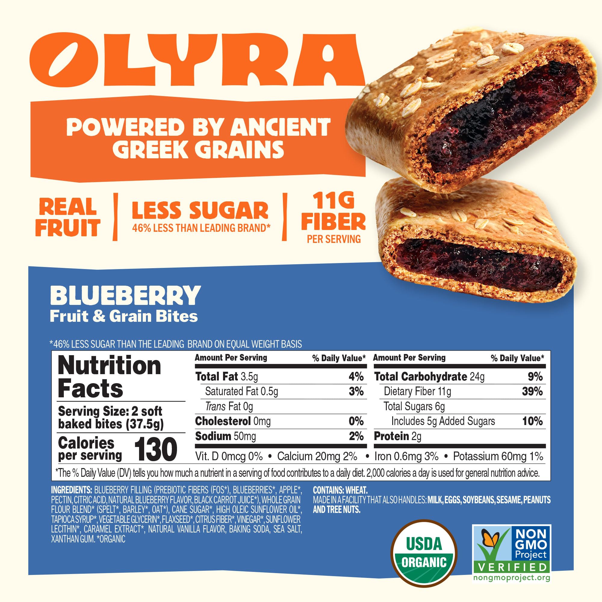 Olyra close-up texture of blueberry bar showing soft-baked moisture