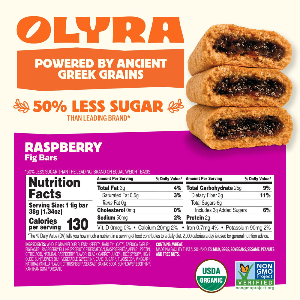 Olyra bar close-up texture revealing fig and grain pieces, highlights real fruit benefit