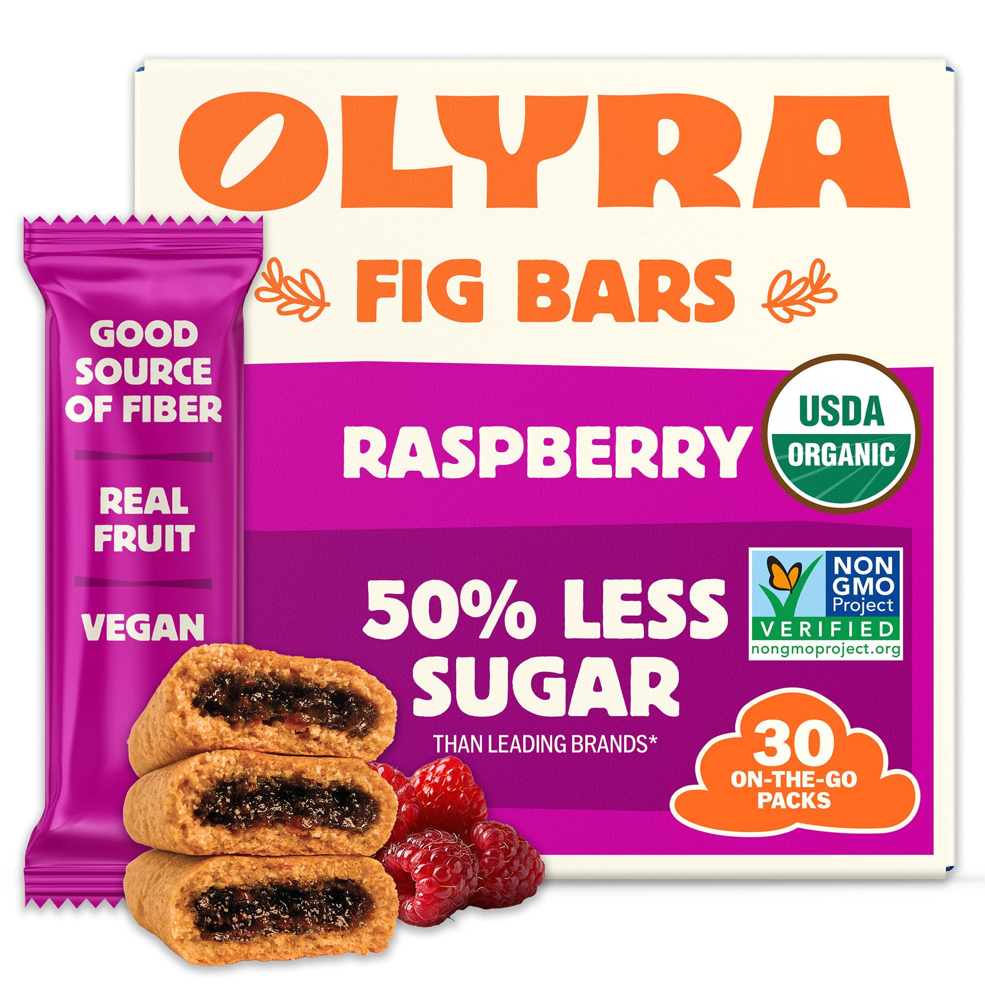 Olyra front packaging showing box of 30 bars and organic badge, convenient storage benefit