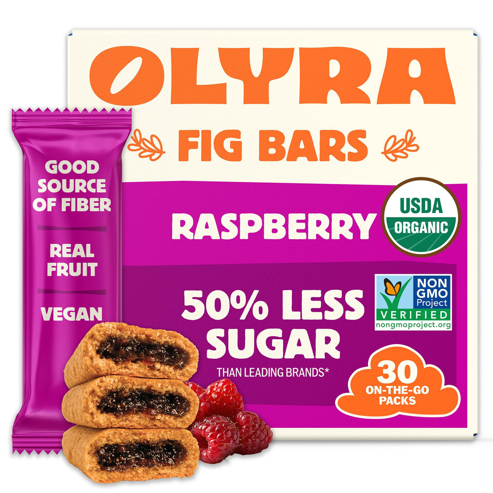 Olyra front packaging showing box of 30 bars and organic badge, convenient storage benefit