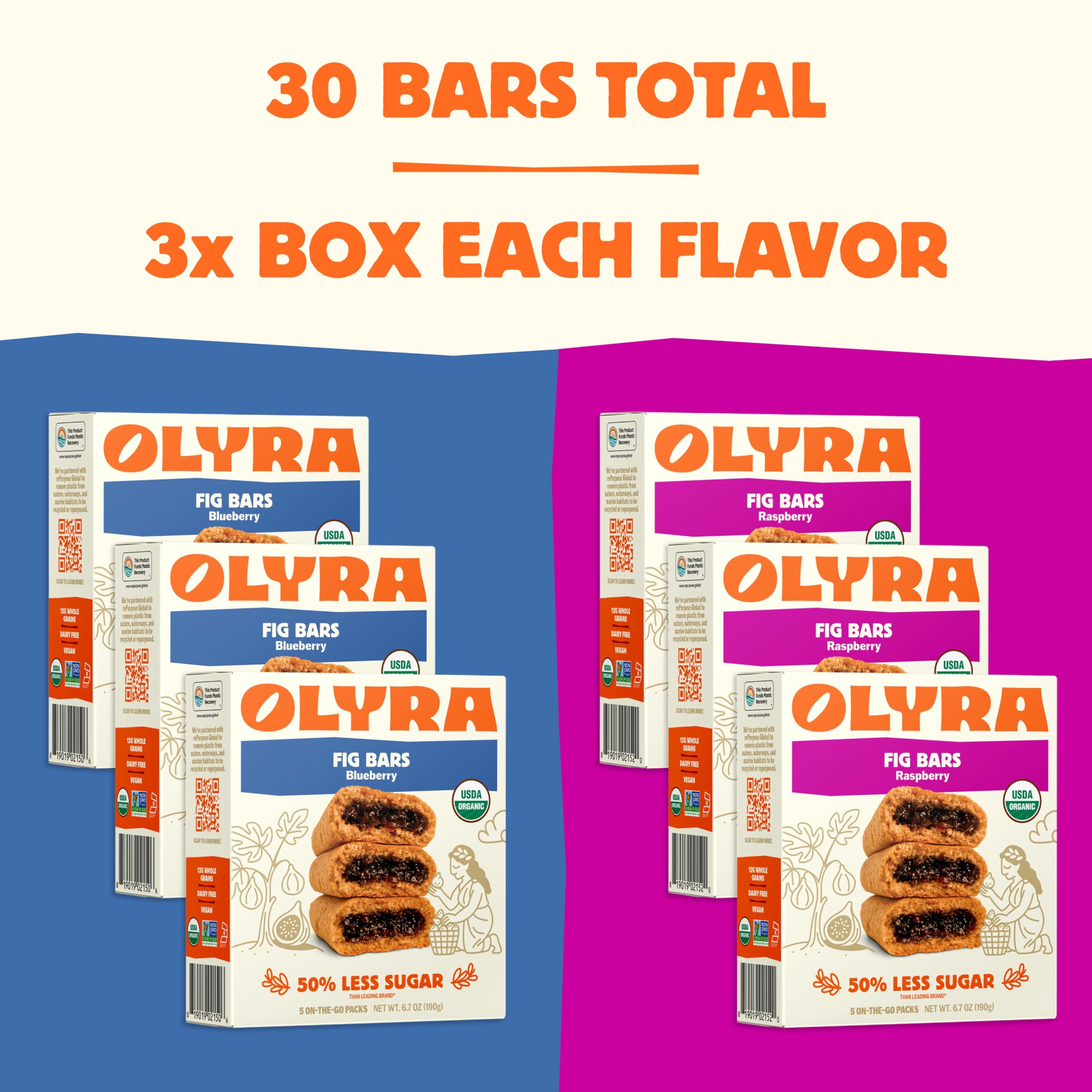 Olyra single unwrapped fig bar revealing blueberry filling and grain exterior