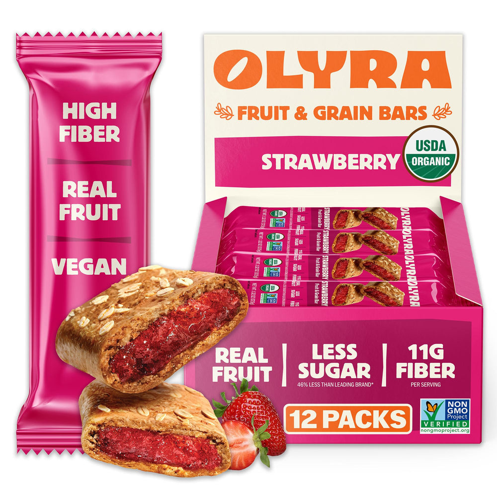 Olyra front box showing 12 bars and organic low sugar benefit