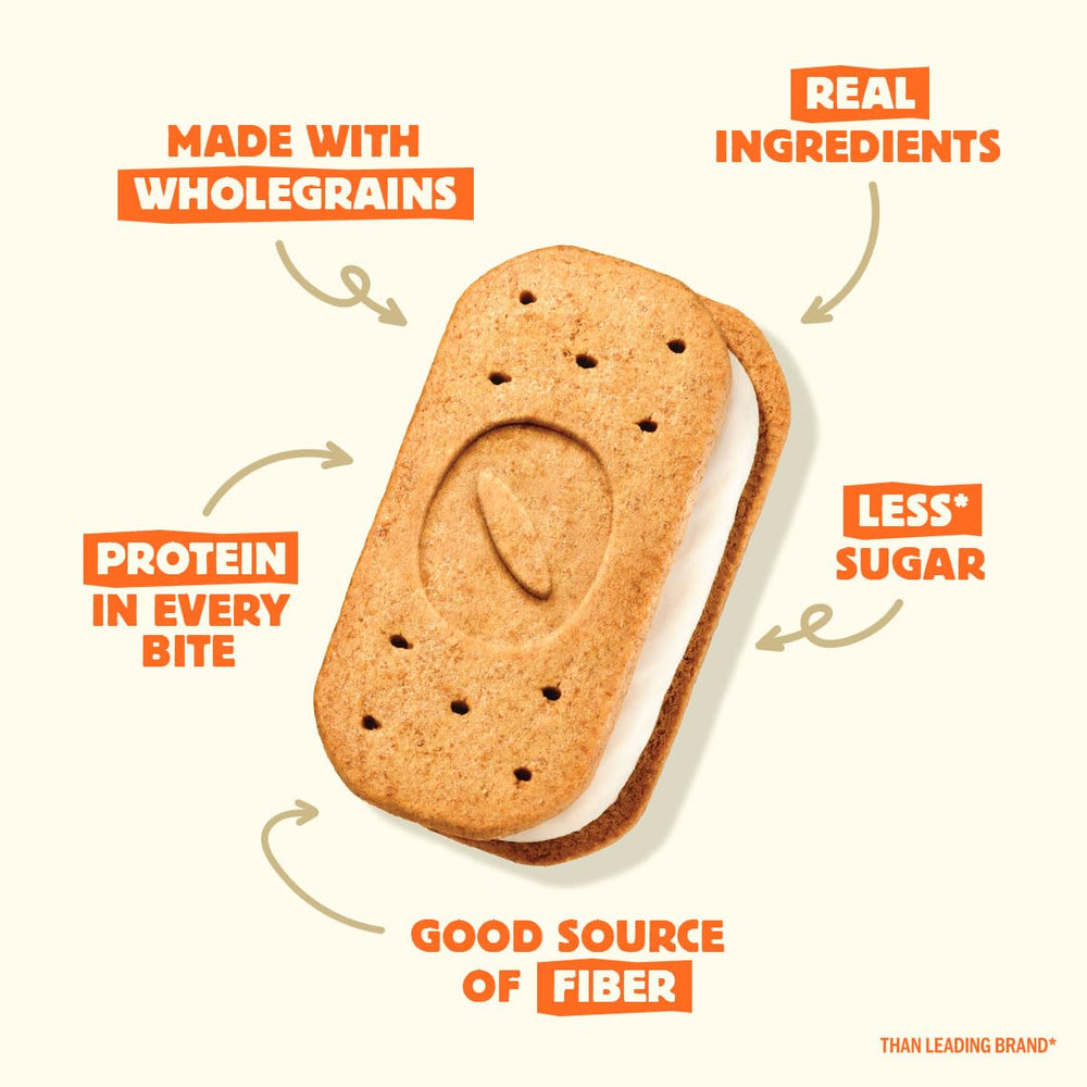 Olyra sandwich cross-section revealing vanilla filling and crisp wafers