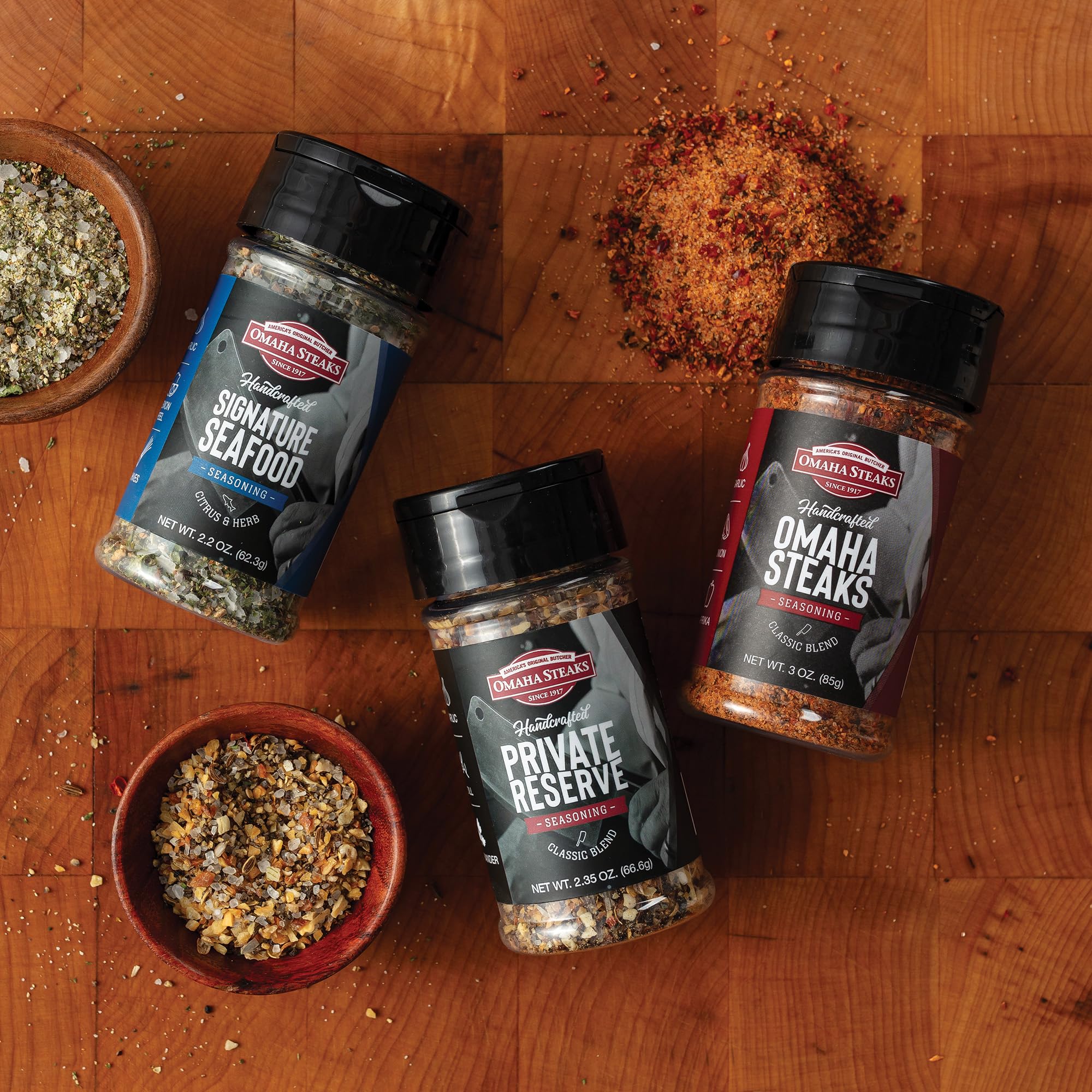 Omaha Steaks front packaging trio showing all three jars and labels, enhances meal prep