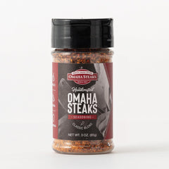 Omaha Steaks seasoning applied to a grilled steak, adds savory crust and flavor