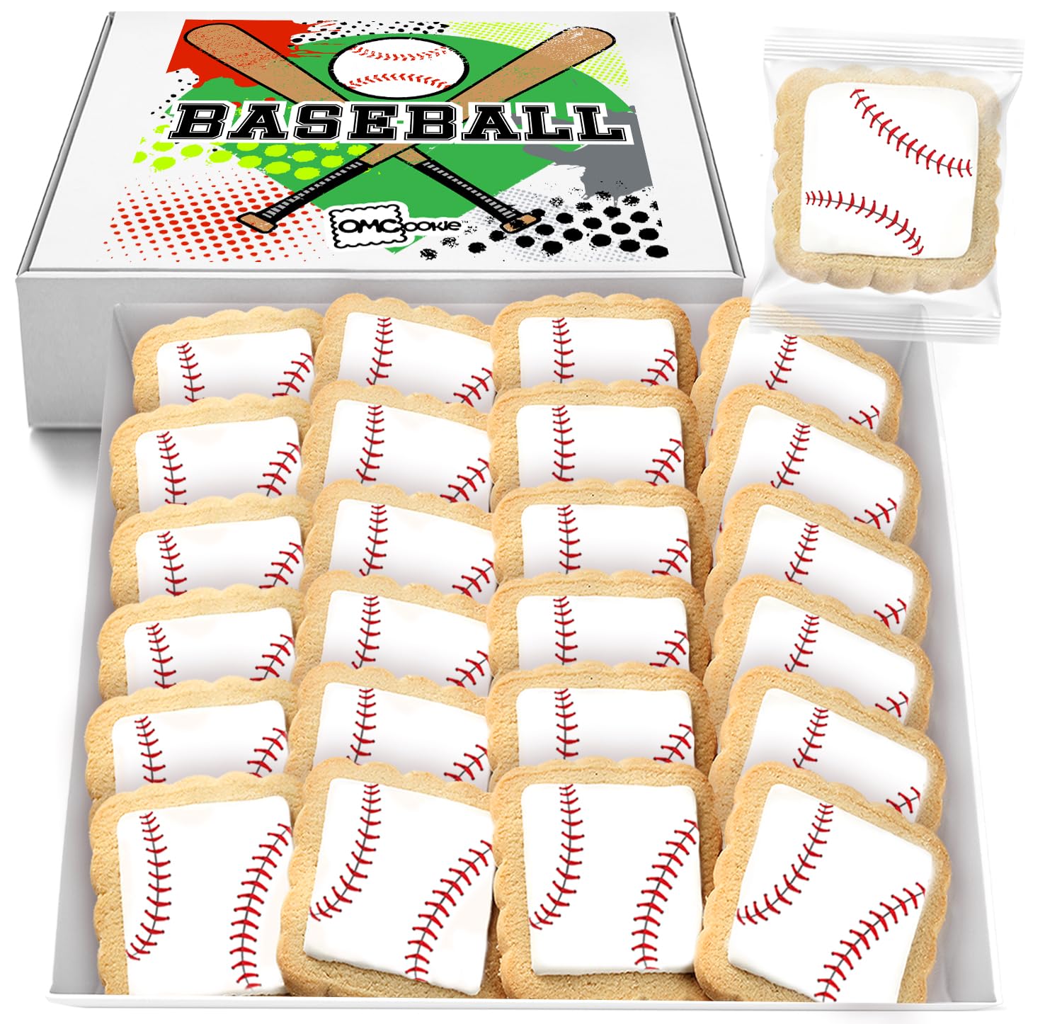 OMCookie front view of individually wrapped baseball cookies ready for parties and favors