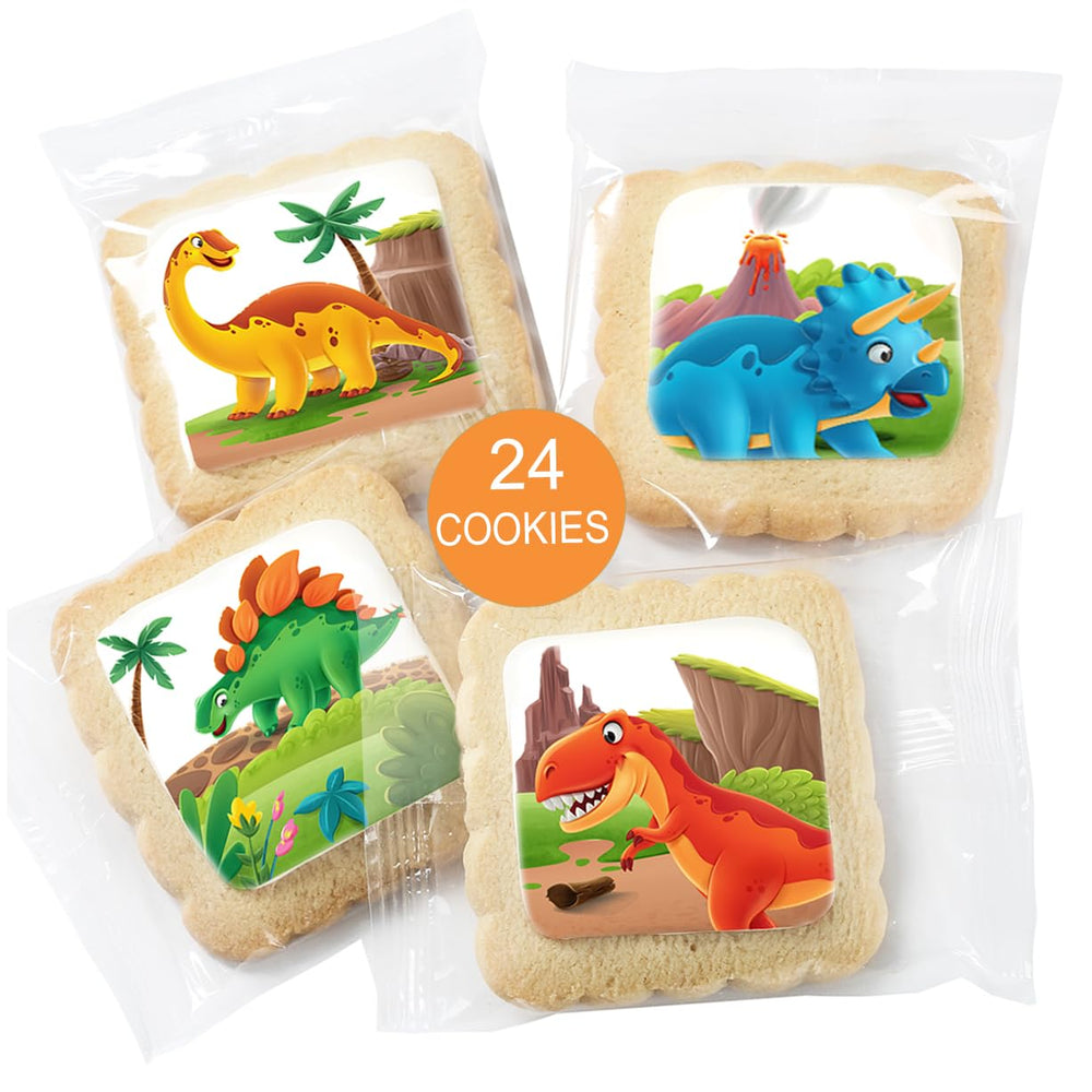 OMCookie close-up of edible ink dinosaur print, showcasing clear colorful detail