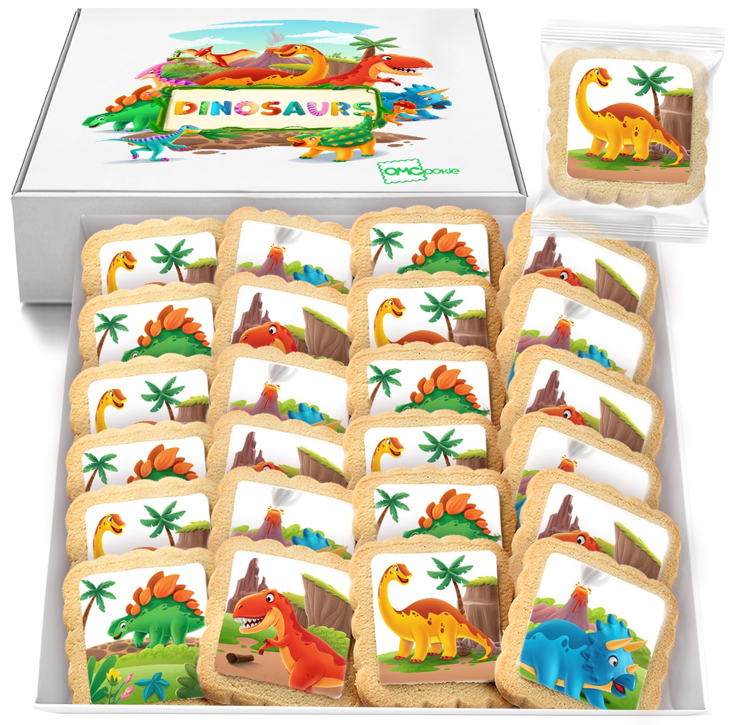 OMCookie front packaging showing 24 dinosaur cookies, ideal for party favors