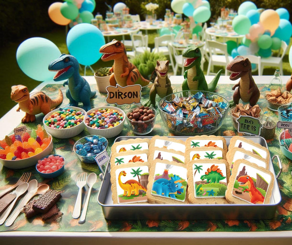 OMCookie cookies arranged on a party table to add fun Jurassic-themed décor