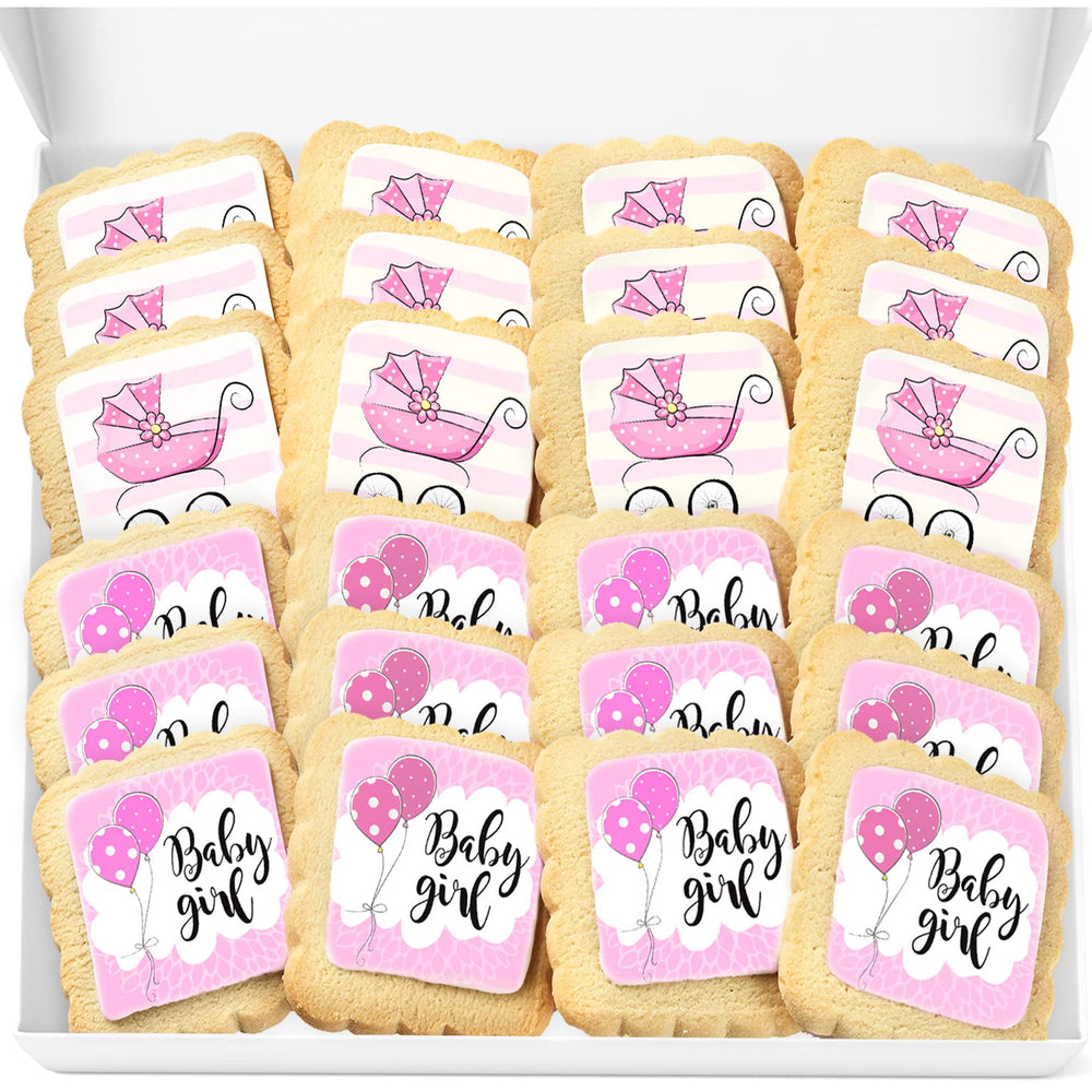OMCookie front packaging showing 24 wrapped baby girl cookies and clear branding for easy gifting