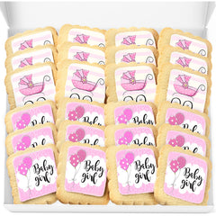 OMCookie front packaging showing 24 wrapped baby girl cookies and clear branding for easy gifting