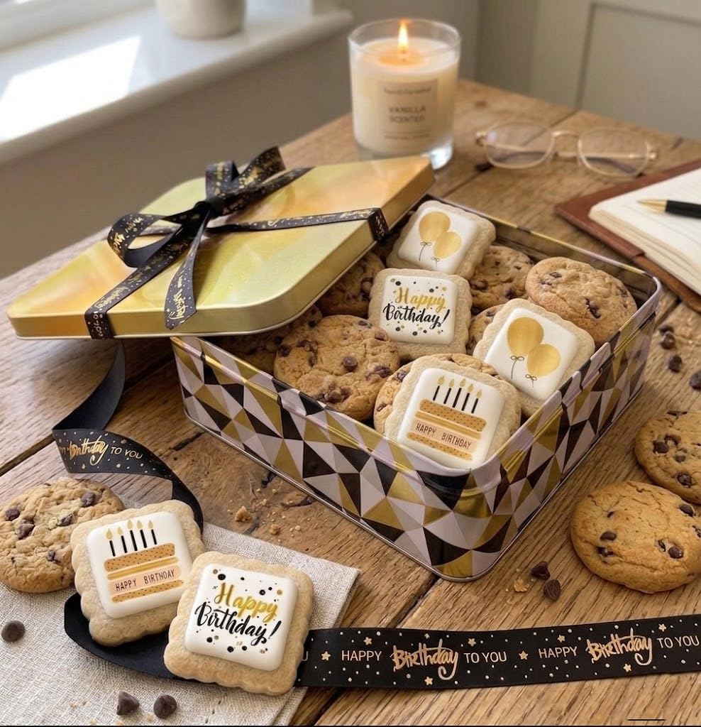 OMCookie gift tin in a birthday scene highlighting celebratory gifting ease