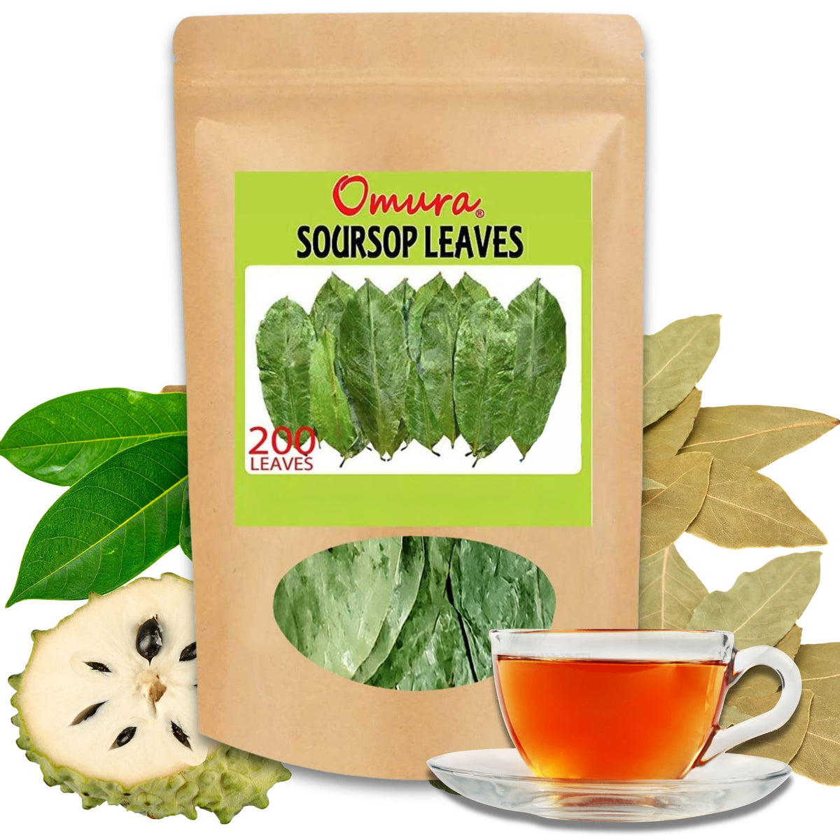OMURA front packaging view showing soursop leaves, clear freshness preservation