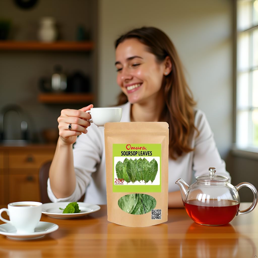 OMURA brewed soursop tea in cup, shows calming warm beverage benefit