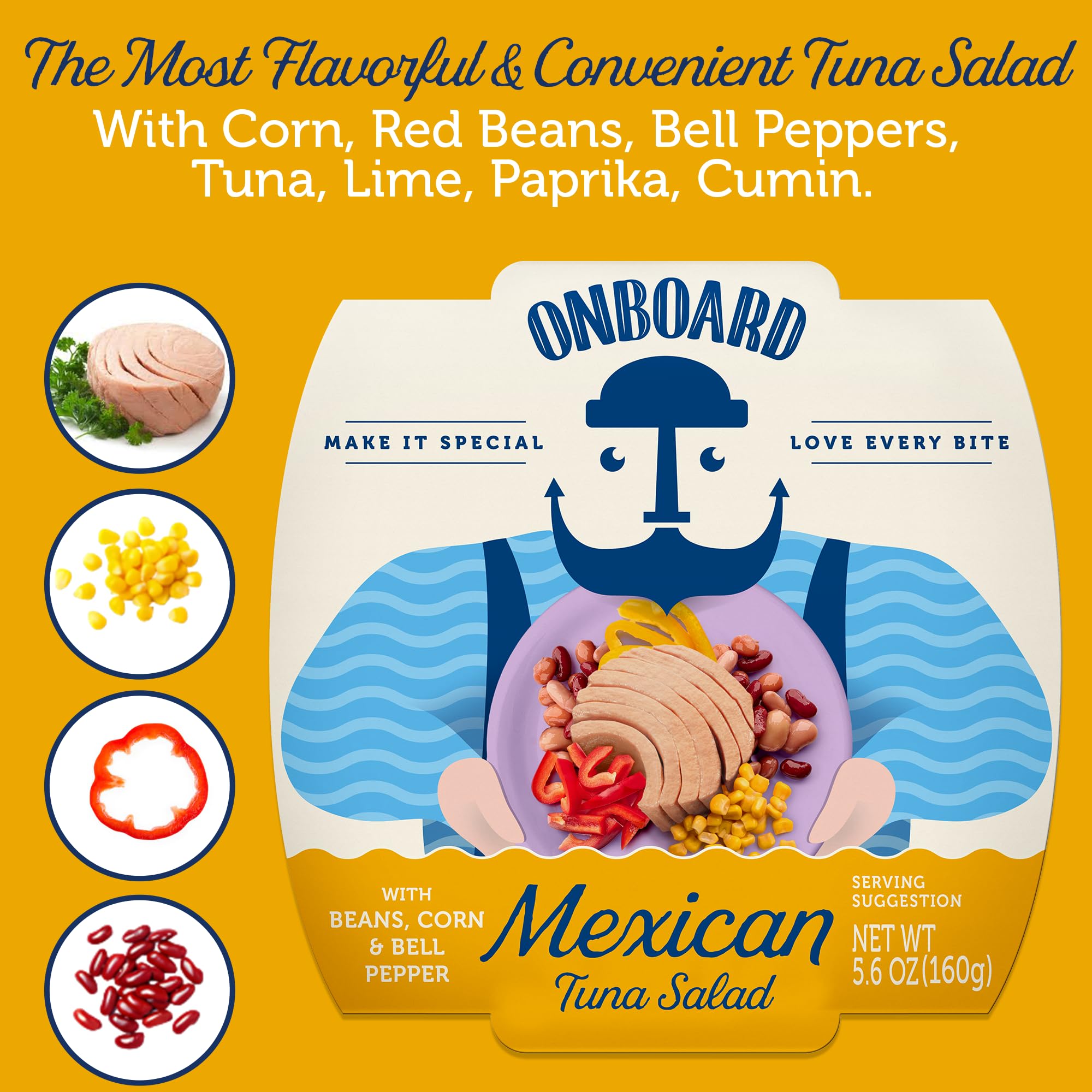 ONBOARD spoonful of tuna salad displaying beans, corn and texture ready to eat