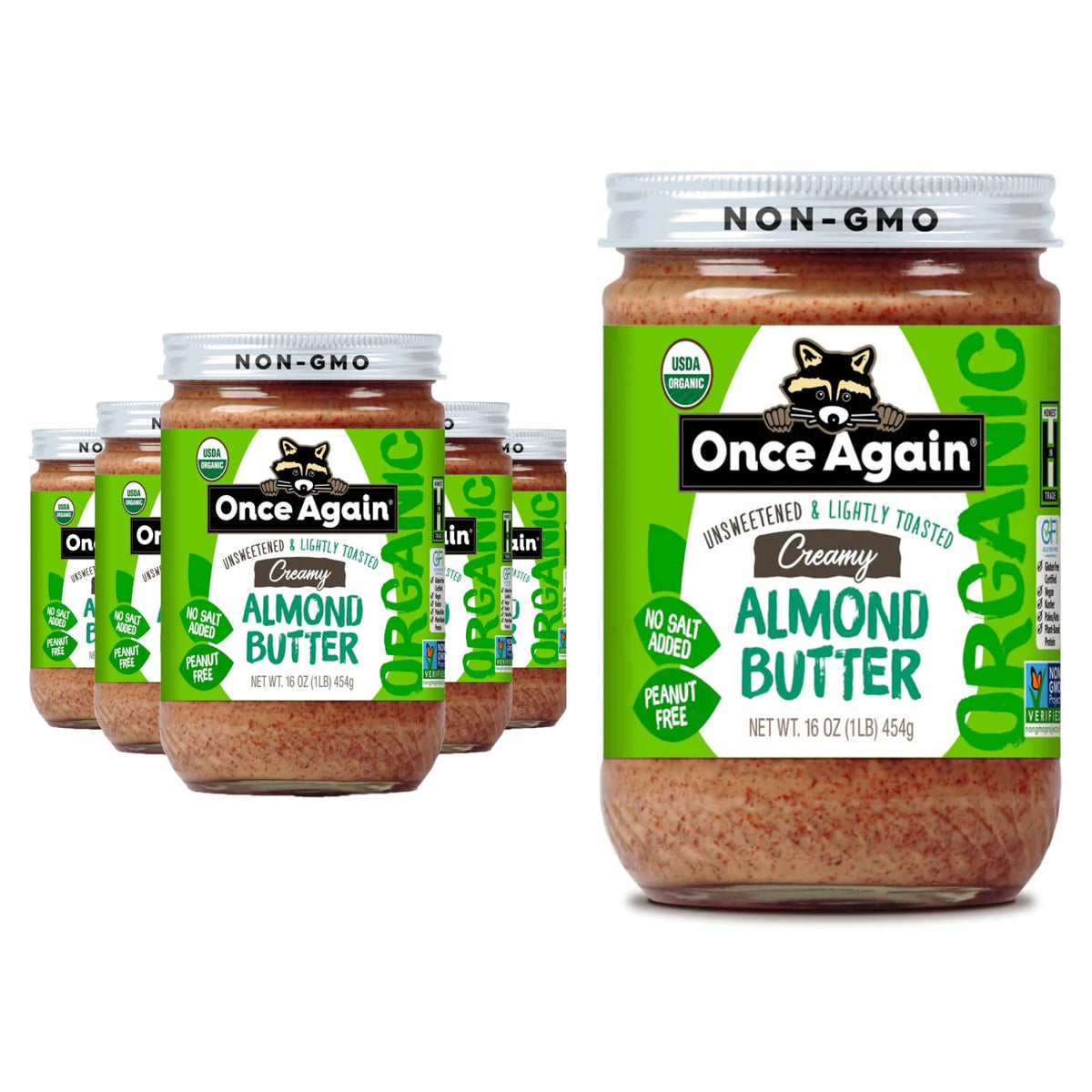 Once Again front label on glass jar showing product details and clean ingredients