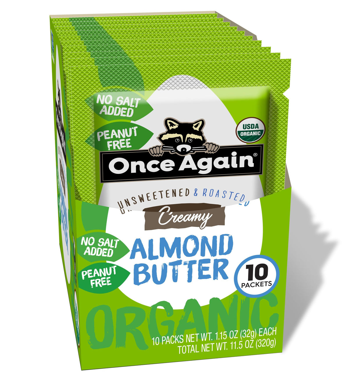 Once Again front packaging showing box of single-serve almond butter packets and convenience benefit