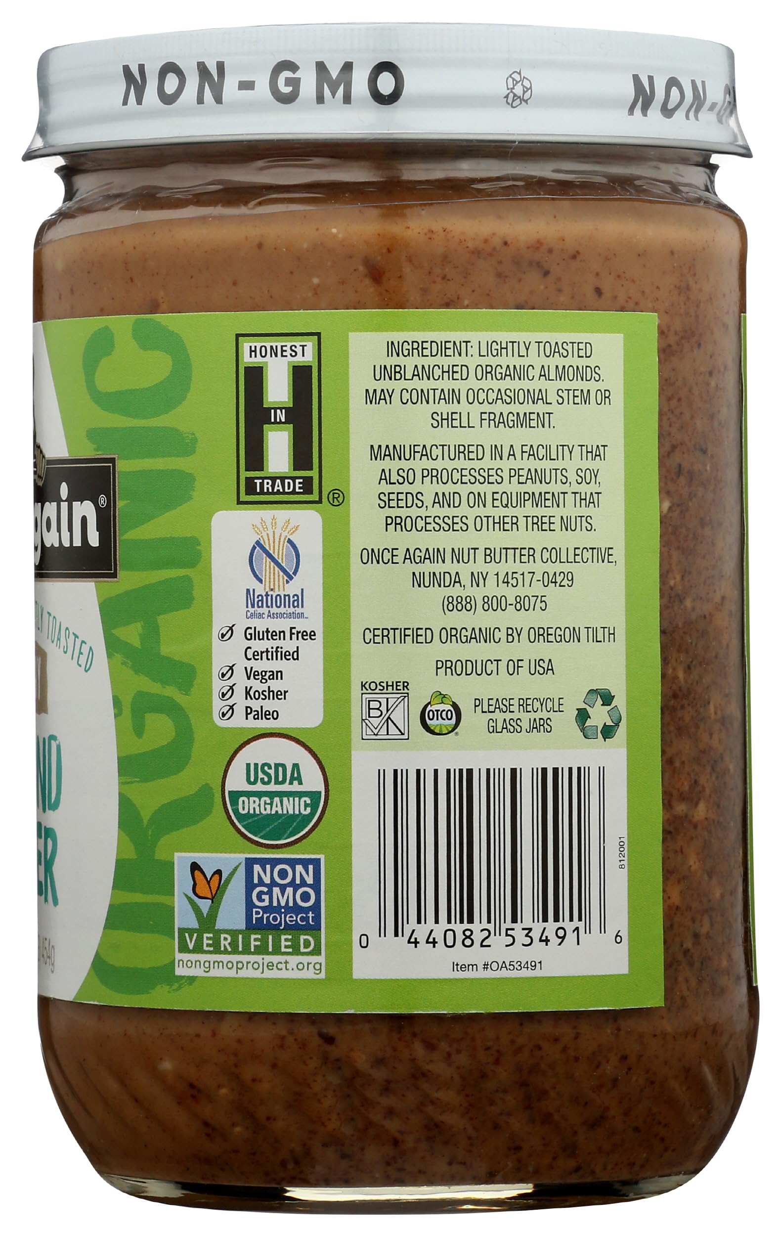 Once Again ingredient and certification label highlighting single-ingredient purity benefit