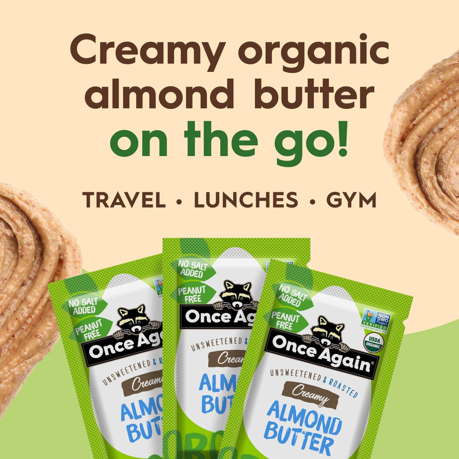 Once Again open packet squeezed onto a spoon for mess-free eating and quick use benefit