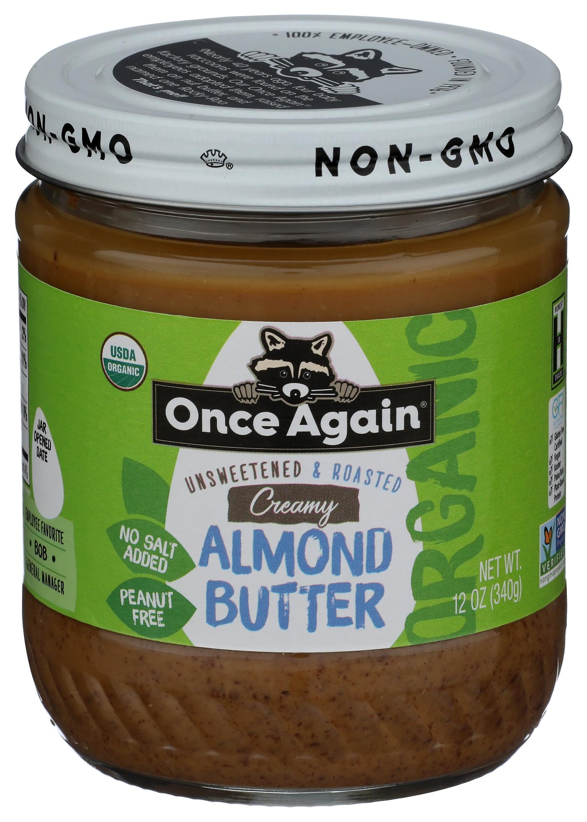 Once Again front jar showing label and organic claim for clear purchase decision