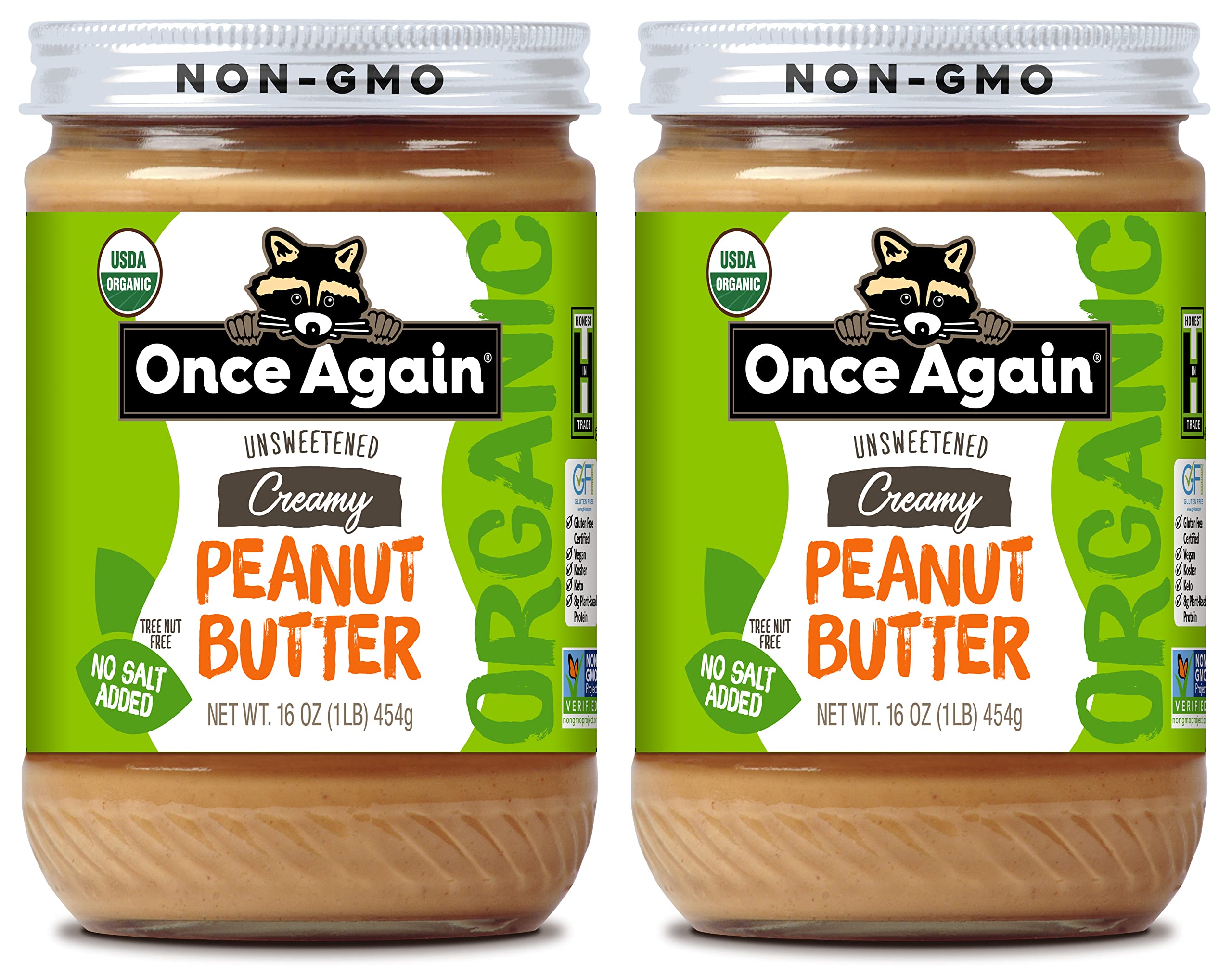 Once Again jar front packaging showing label and glass jar, highlights organic benefit