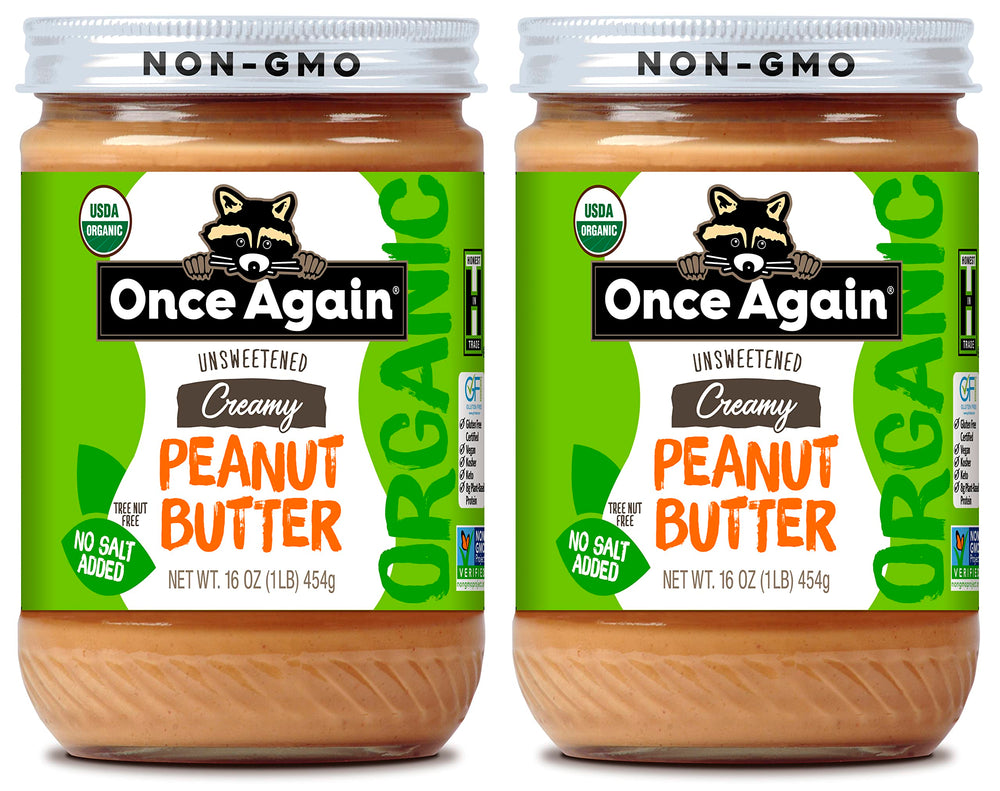 Once Again jar front packaging showing label and glass jar, highlights organic benefit