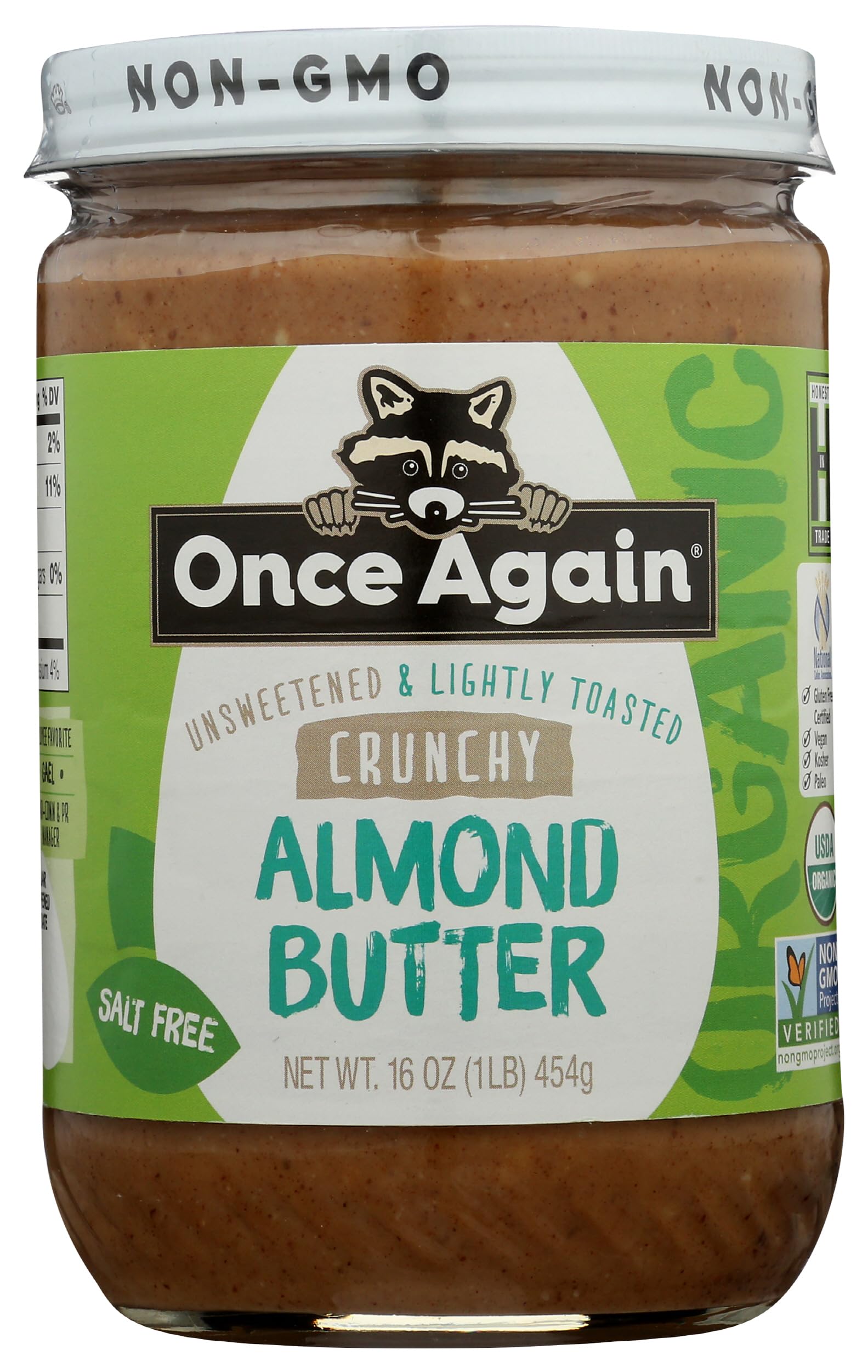 Once Again front label on glass jar showing organic credentials and crunchy variant benefit