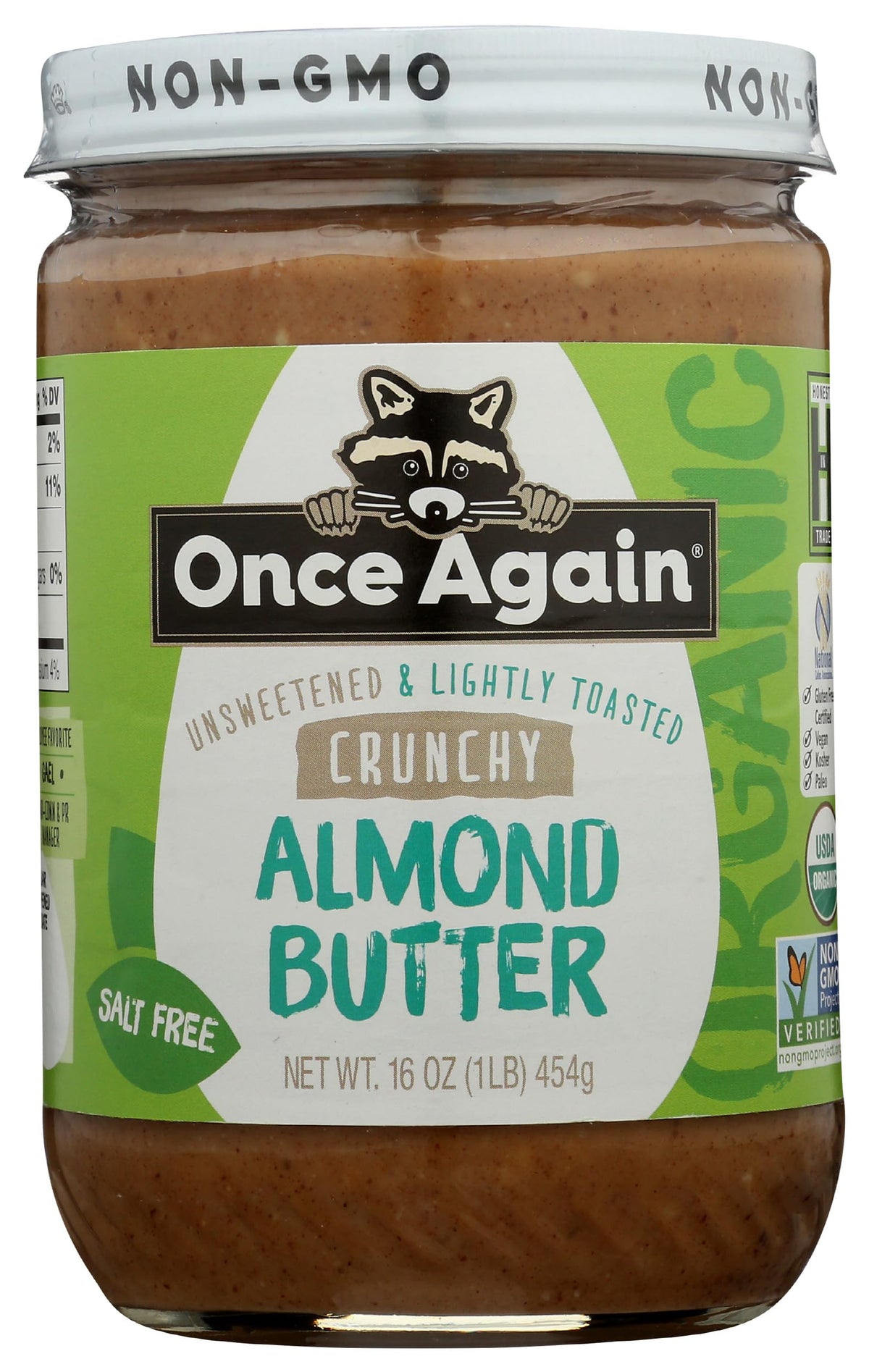 Once Again front label on glass jar showing organic credentials and crunchy variant benefit