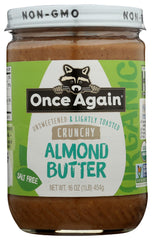 Once Again front label on glass jar showing organic credentials and crunchy variant benefit